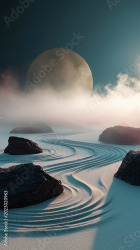 Zen Rock Garden With Misty Moon