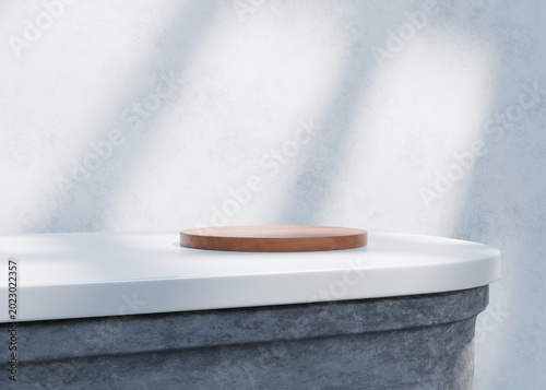 Fotografie Minimalist Wood Podium on White Concrete Table with Shadows