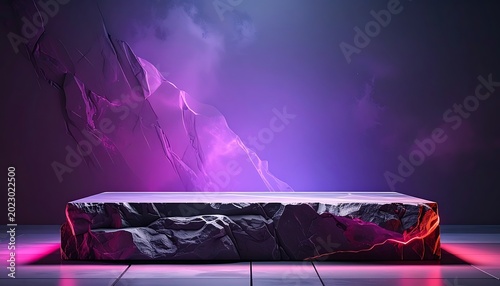 Purple lit stage with fabric drape.