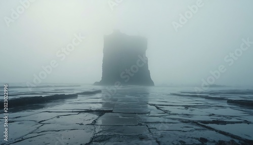 Stone sea pillars disappearing into dense coastal morning mist