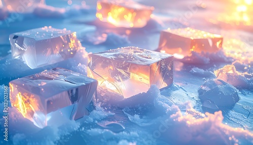 Melting ice cubes in warm sunlight.