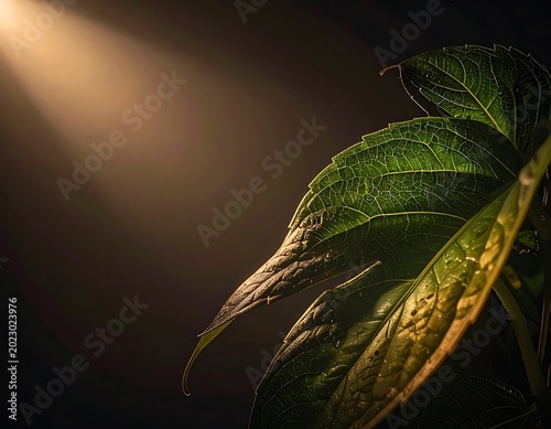 Close-up of green leaf with sunlight.