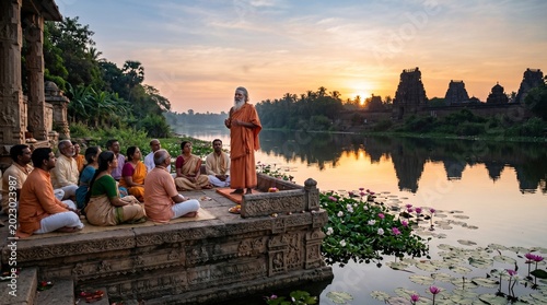 Image is a serene, picturesque scene depicting a spiritual gathering by a tranquil riverside at sunrise. The style is realistic with warm, soft lighting that enhances the peaceful atmosphere. The layo