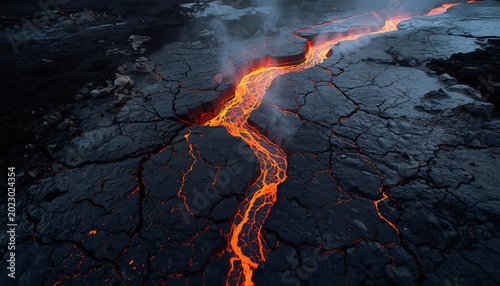 Molten lava glowing beneath fractured cooling volcanic crust