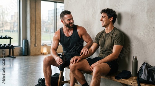 Athletic Gay Men Relaxing After Workout in Modern Fitness Studio