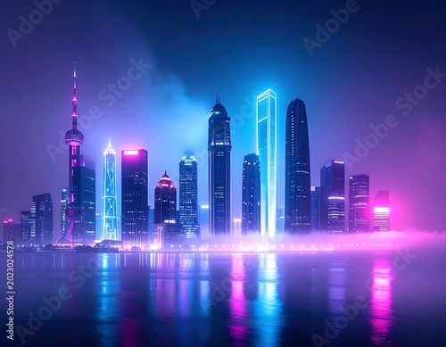 Neon City Skyline at Nighttime with Reflections.