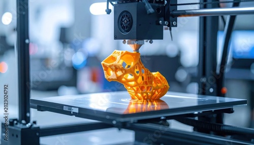 Orange 3d Printed Object Forming on Modern Printer Bed in Technology Workshop