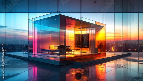 Modern glass house at colorful sunset.