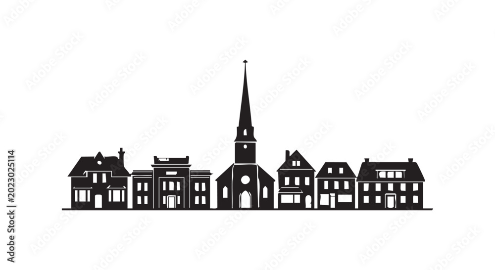 Fototapeta premium Small town silhouette with church and houses on white background vector illustration.