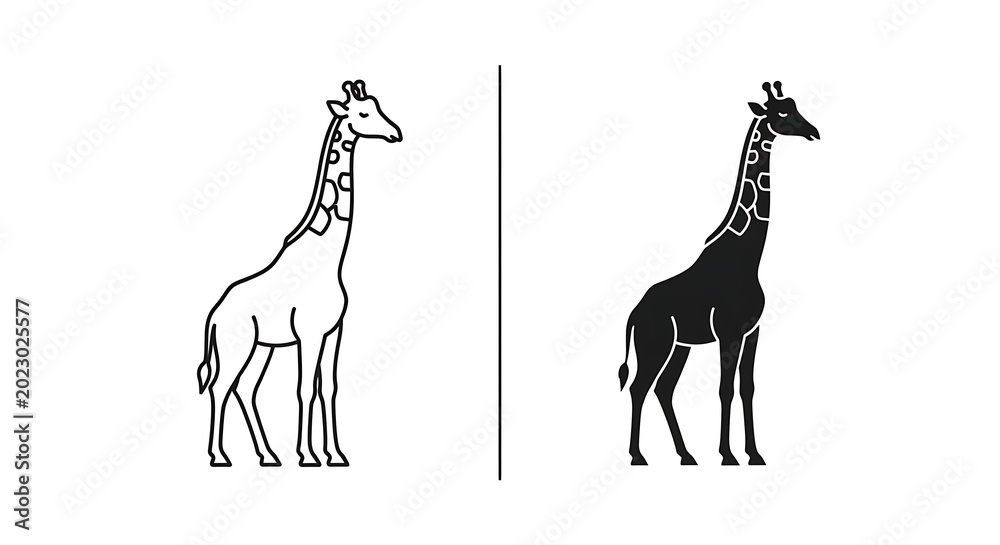 Fototapeta premium Giraffe line art and silhouette icons