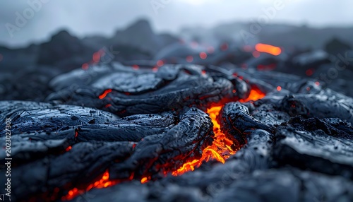 Molten lava flows on dark land.