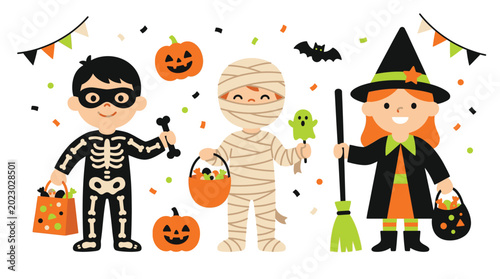 Fotografía Three happy children in Halloween costumes skeleton mummy and witch with pumpkin