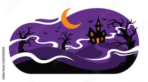 Foto Spooky Halloween haunted house scene with purple night sky orange crescent moon and bare trees evoking eerie atmosphere and festive spirit perfect for seasonal decorations and party invitations