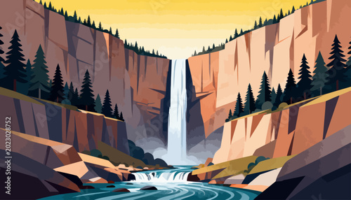 Sunset bathes majestic cliffs in warm tones. Waterfalls cascade down rocky faces with force and grace. Evergreens cling to rugged terrain, adding life to stone. River flows calmly below
