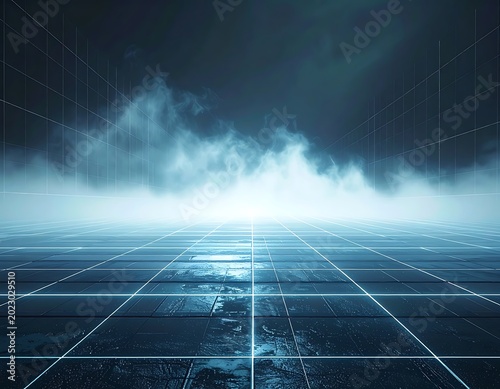 Futuristic grid landscape with foggy horizon.