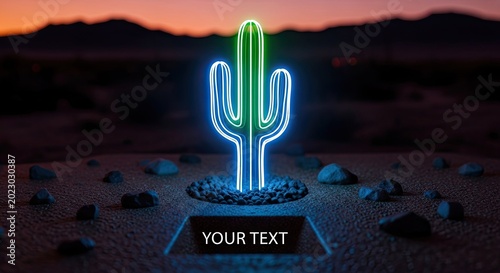 Neon Cactus Sign in Desert Landscape with Customizable Text Space