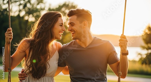 Happy Couple Enjoying Swing Ride at Sunset in Nature