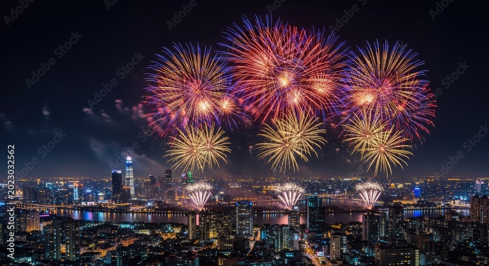 Obraz premium Fireworks exploding over city skyline at night