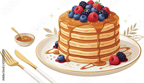 Bild auf Leinwand Yummy homemade buttermilk pancakes dessert tower with fruit topping and maple sy