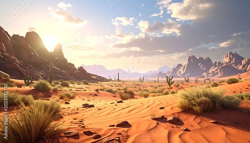 Desert landscape with sand and mountains.