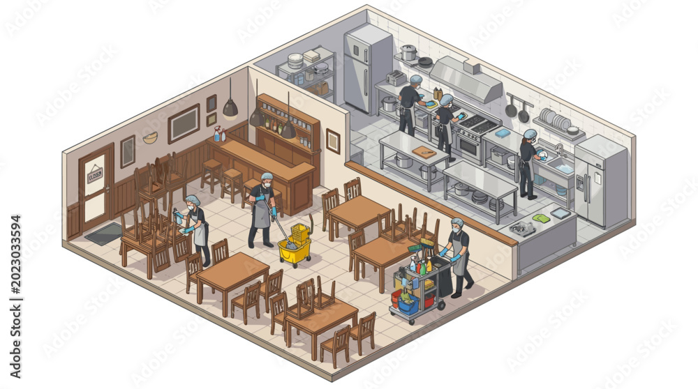 Obraz premium People disinfecting gym equipment and interior with cleaning supplies in an isometric scene