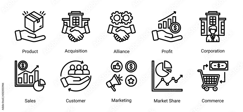 Fototapeta premium Business growth icon set featuring marketing,sales,customer,commerce,profit and corporate strategy vector collection