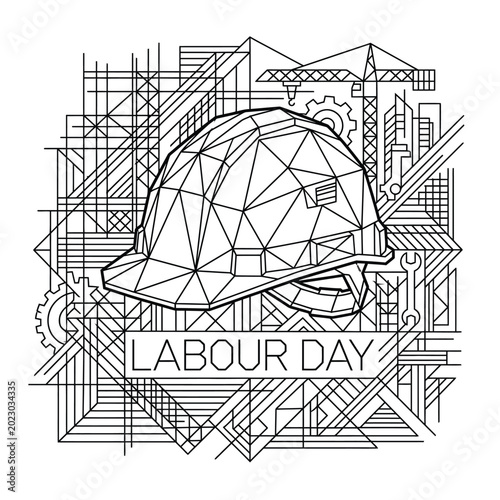 Labour day construction worker helmet line art design with scaffold and crane tower.