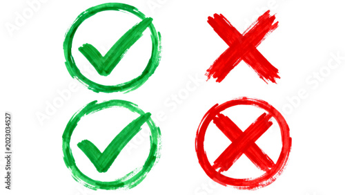A set of four circular icons featuring green checkmarks and red crosses, symbolizing correct and incorrect options, presented in a flat design