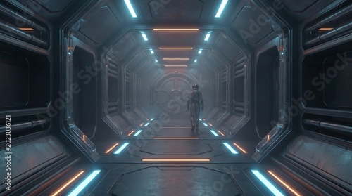 Futuristic Sci-Fi Corridor with a lone astronaut exploring a dimly lit passageway