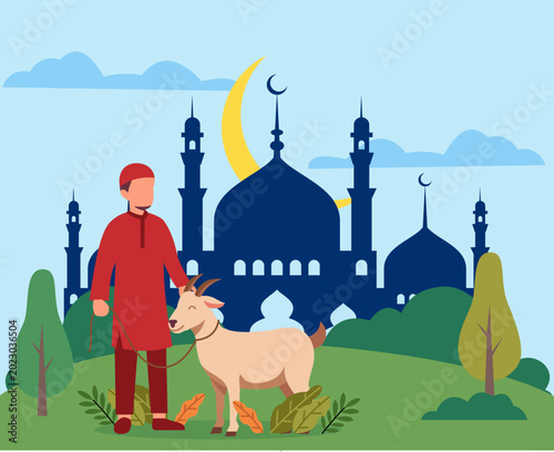 Muslim men bring sacrificial animals to the mosque. eid al hajj celebration. hajj celebration