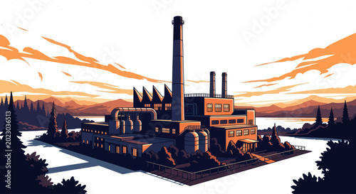 Canvas-taulu Industrial Factory at Sunset