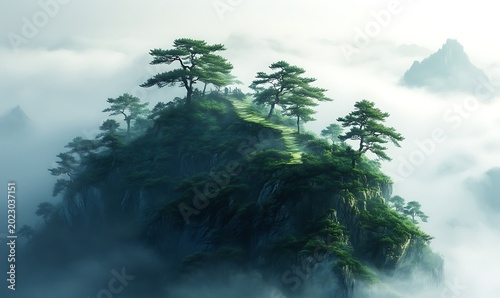 Misty Mountain Ascent: A Serene Journey Through Cloud-Enshrouded Peaks