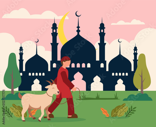 eid al adha mubarak celebration illustration with qurban animals. happy eid al adha. Muslim men bring sacrificial animals to the mosque