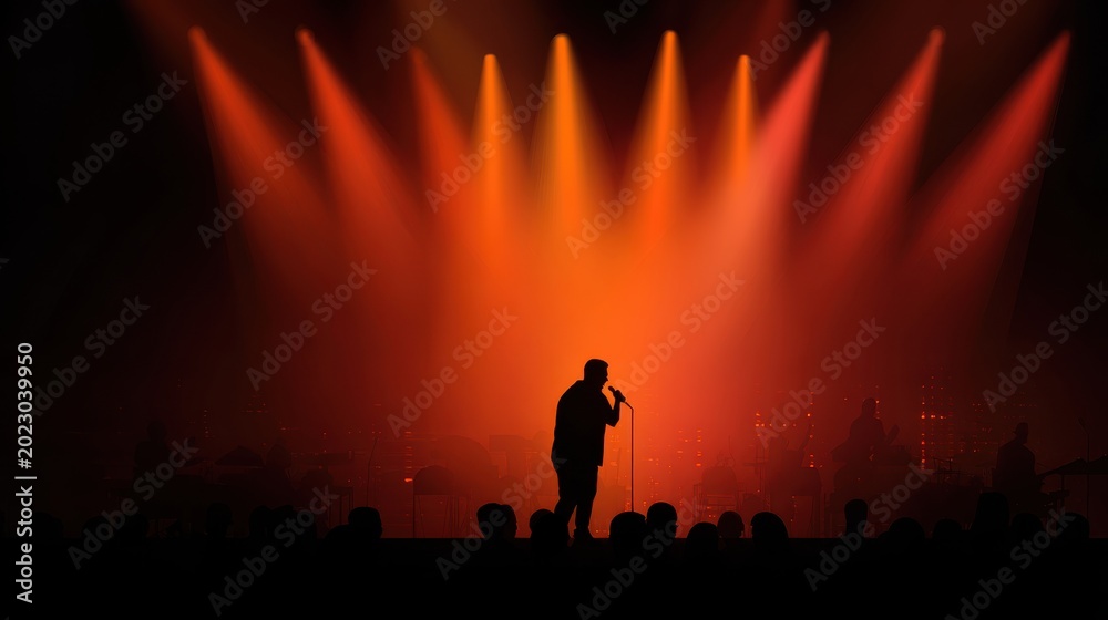 Fototapeta premium Silhouette of singer on stage in spotlights. Banner design