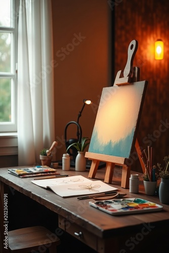 Artist's desk with easel and painting supplies art studio