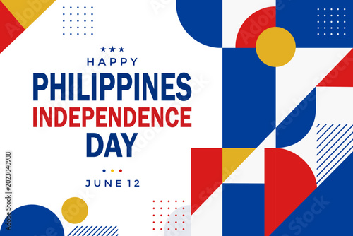 Photos Modern geometric Philippines Independence Day poster with bold typography and abstract red blue yellow shapes inspired by the national flag