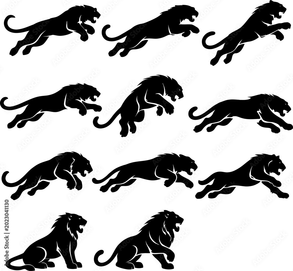Obraz premium A set of nine black lion silhouettes jumping and sitting on white