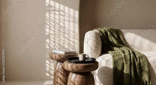 A cozy living room scene with a textured sofa draped in a green blanket, next to wooden side tables holding a book and a mug. 