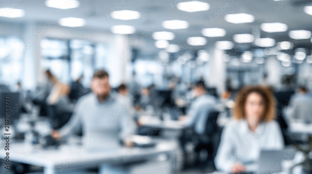 Fototapeta premium Blurred Modern Office Interior with Diverse Employees Working at Desks