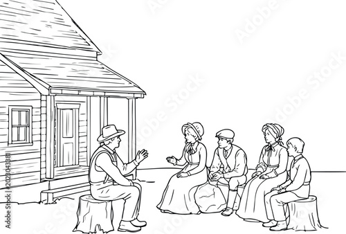 Bild auf Leinwand Coloring page of nineteenth century pioneer family sitting outside wooden cabin,