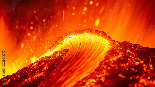 Fotografi Glowing orange molten lava flowing during a volcanic eruption with magma chamber