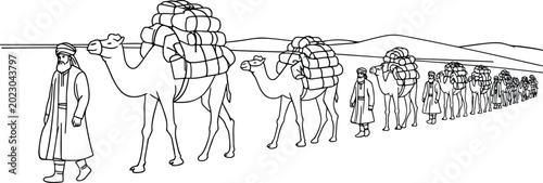 Bild auf Leinwand Ancient Camel Caravan Line Art Illustration Depicting a Historical Desert Journe