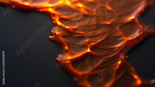 Photos Macro view of glowing molten orange liquid spreading on dark surface