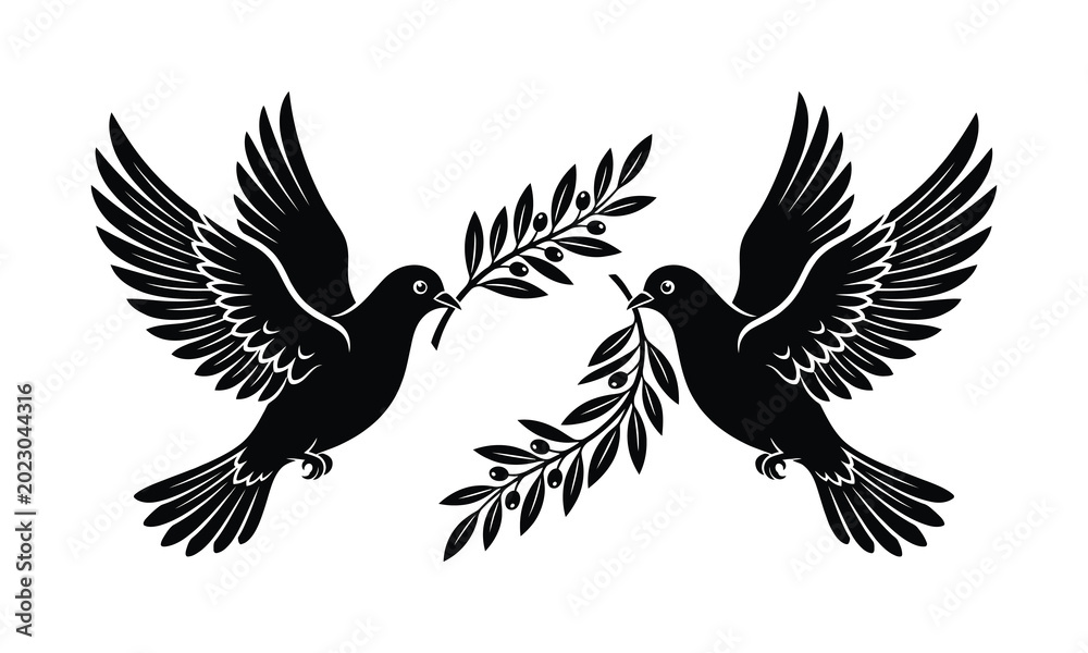Obraz premium Pair of peace dove, two doves silhouette, peace dove vector, dove pair illustration, love birds design pack, flying doves together, peace symbol graphic, white dove pair, olive branch dove, couple