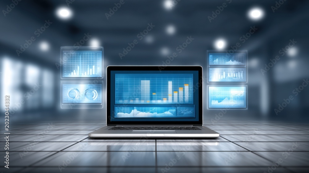 Fototapeta premium Modern Laptop Displaying Graphs and Data Analytics in a Bright Office Environment with Blurred Background and Futuristic Visual Elements
