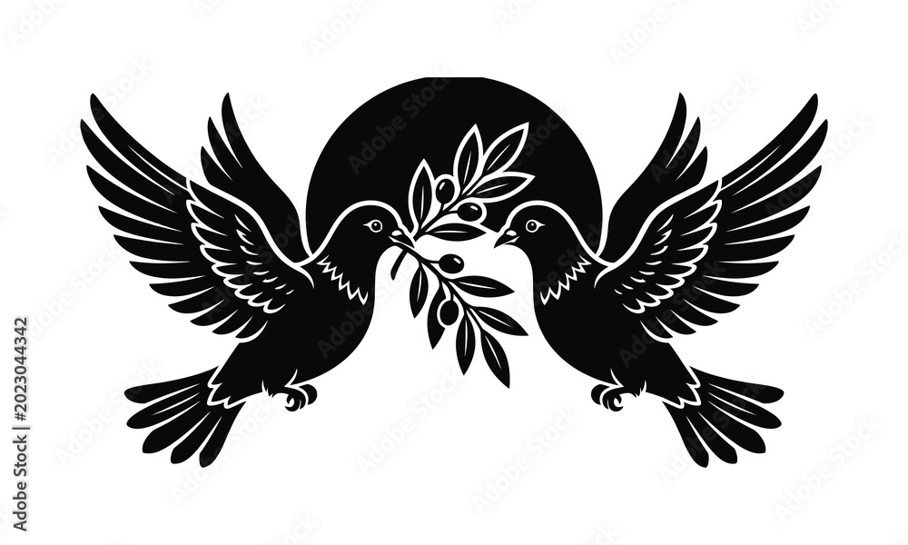 Fototapeta premium Pair of peace dove, two doves silhouette, peace dove vector, dove pair illustration, love birds design pack, flying doves together, peace symbol graphic, white dove pair, olive branch dove, couple