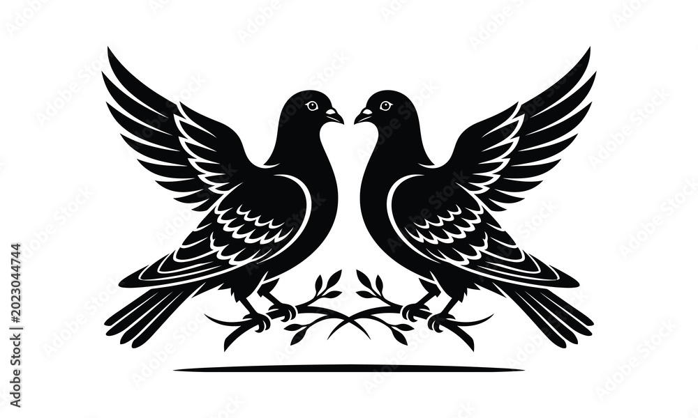 Fototapeta premium Pair of peace dove, two doves silhouette, peace dove vector, dove pair illustration, love birds design pack, flying doves together, peace symbol graphic, white dove pair, olive branch dove, couple
