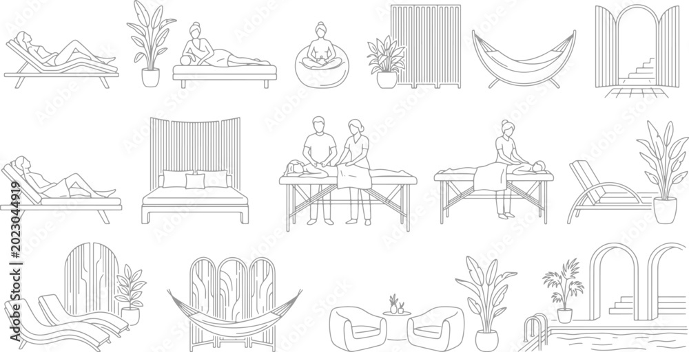 Obraz premium Spa and wellness center vector line art collection featuring people relaxing on lounge chairs receiving massages and luxury resort interior elements