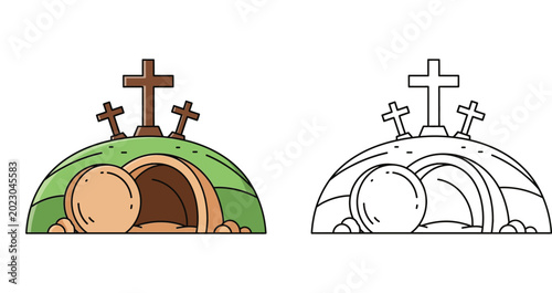 Fotografía Christian Easter Resurrection Empty Tomb with Three Crosses on Calvary Hill Vect