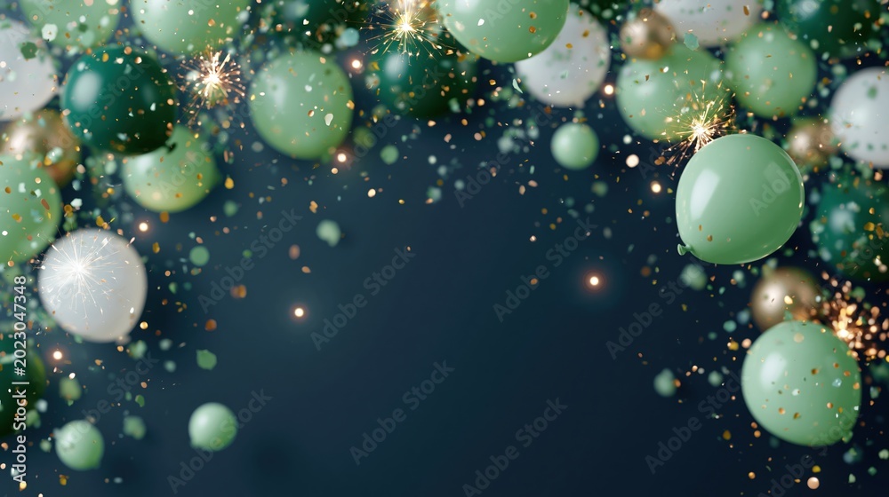 Fototapeta premium Festive Green and White Balloons with Gold Glitter Sparkle Overlay on Dark Background